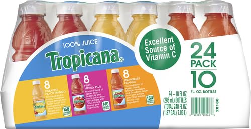 Tropicana 100% Juice 3-Flavor Fruit Blend Variety Pack, 10 Fl Oz, Bottles, (Pack of 24), 10 ounces