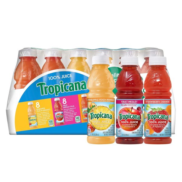 Tropicana 100% Juice 3-Flavor Fruit Blend Variety Pack, 10 Fl Oz, Bottles, (Pack of 24), 10 ounces