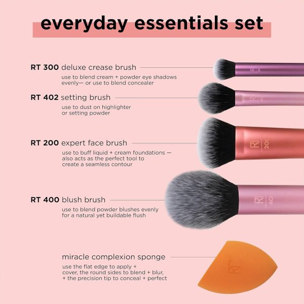 Real Techniques 5 Piece Everyday Essentials Makeup Brush Set, Includes 4 Brushes & Makeup Sponge